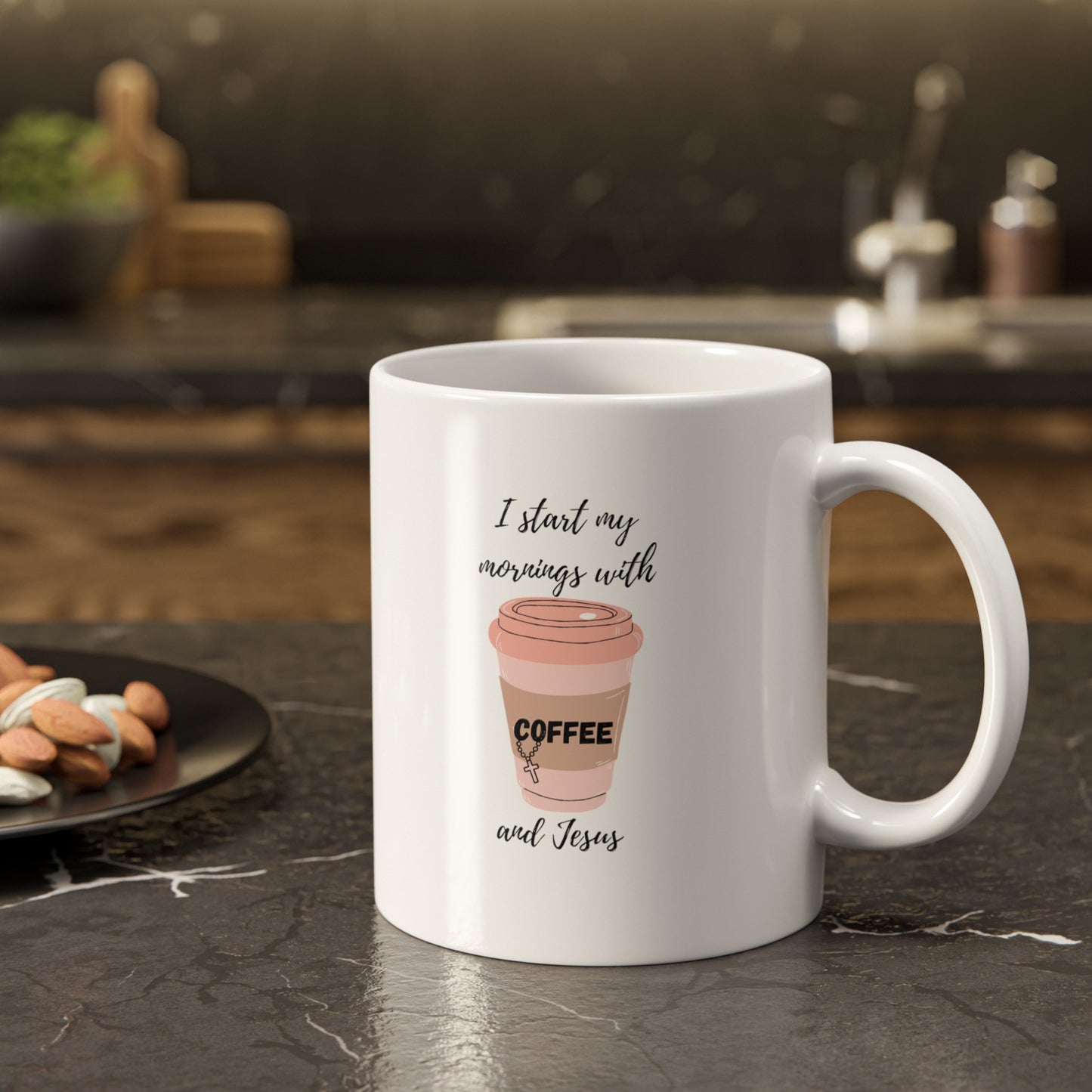 Inspirational Coffee Mug - "I Start My Mornings with Coffee and Jesus" - 11oz Ceramic