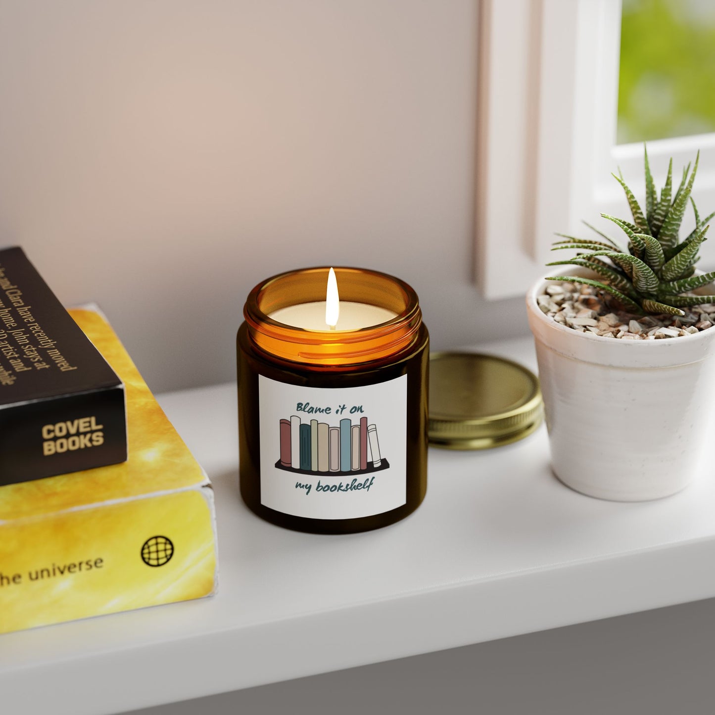 Literary Scented Candle - Coconut Apricot Wax, "Blame it on my Bookshelf" - Cozy Gift for Book Lovers